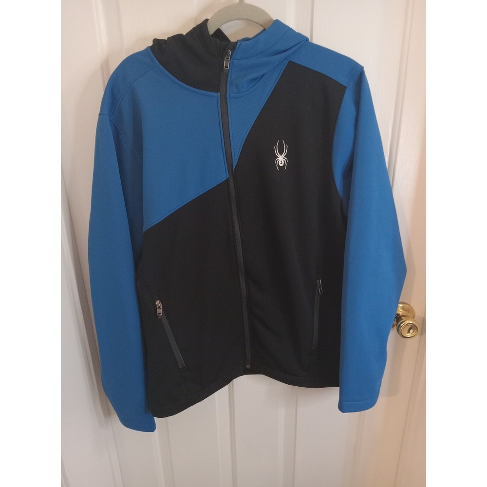 Spyder Jacket Mens Medium Full Zip Hooded Soft Shell Black‎ Blue